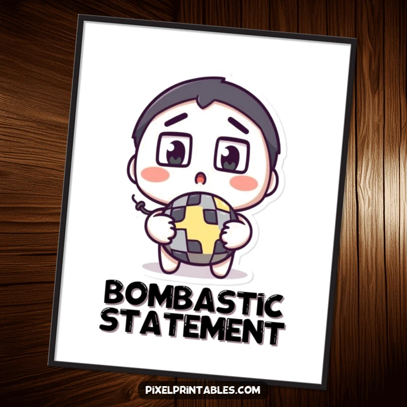 Funny pixel bomb poster print of a surprised character with square eyes wide, holding a pixelated bomb, evoking gaming drama.