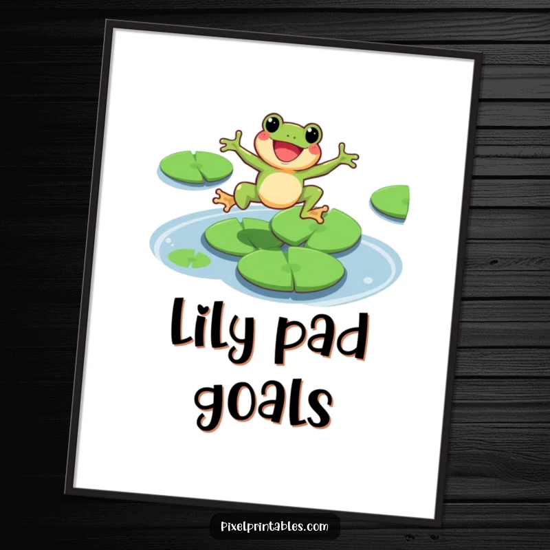 Funny pixel frog character leaping joyfully over lily pads, colorful pixel art poster, retro gaming.