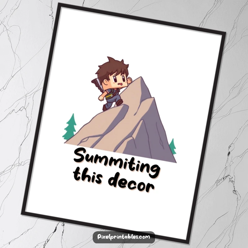 Funny poster of a blocky pixel adventurer character determinedly climbing a pixel mountain, capturing a funny, retro gaming aesthetic for wall decor.