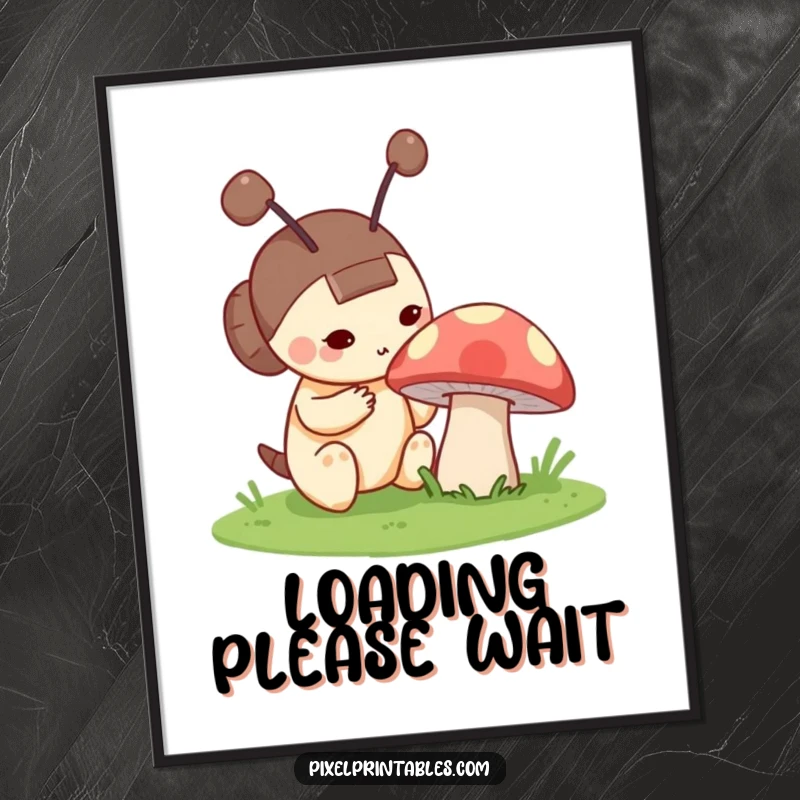 Funny poster showcasing a curious pixel character with blocky antennae closely inspecting a large, pixelated mushroom, perfect for a gamer's den.
