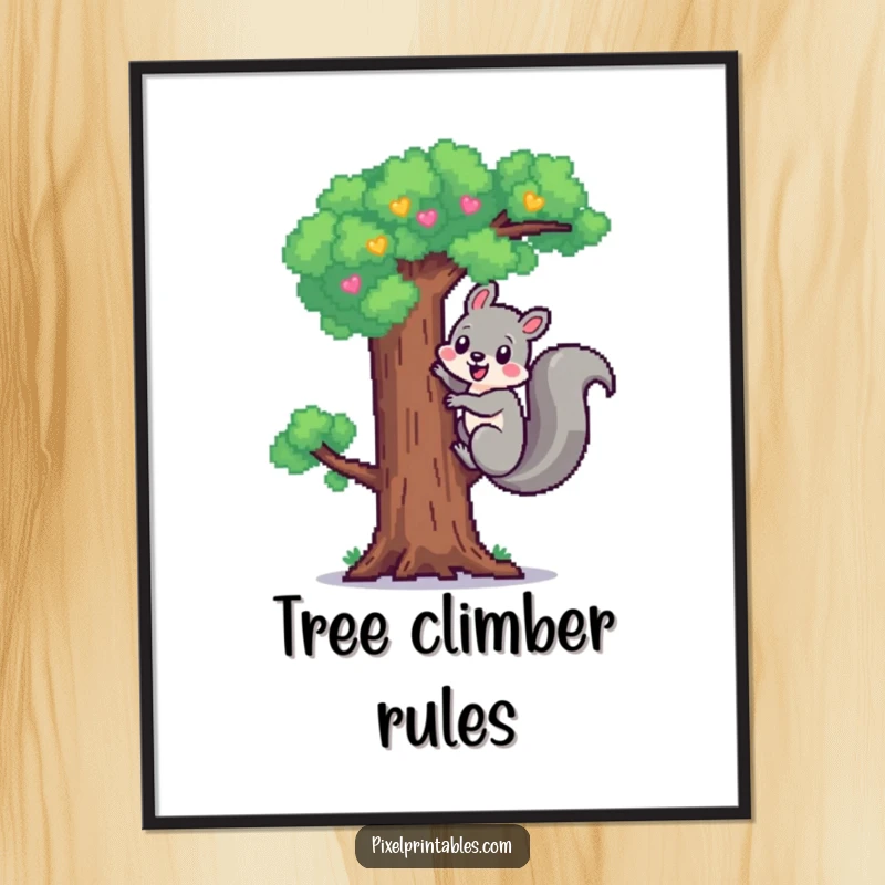 Funny Pixel Squirrel Poster: Adorable pixelated squirrel cheerfully climbing a pixel tree, cute pixel art wall decor.