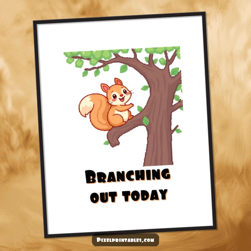 Funny Pixel Squirrel Poster featuring a cheerful, pixelated squirrel climbing a pixelated tree, bringing woodland charm to any wall.