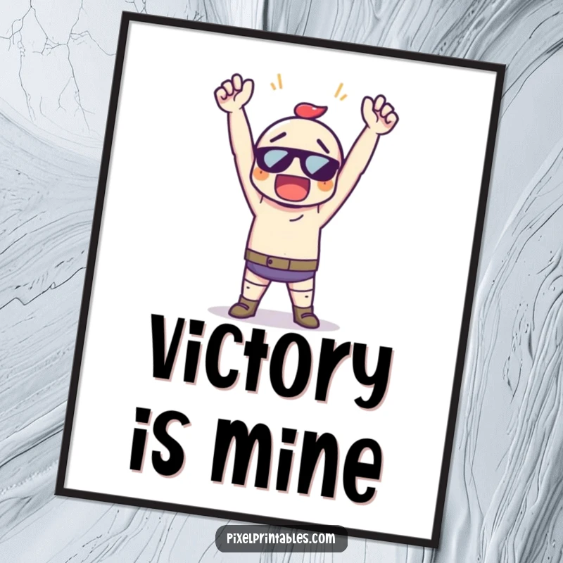 Funny Pixel Art Victory Poster, a pixelated character celebrating with arms raised high, perfect for game room decor.