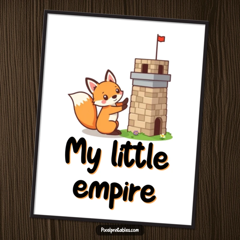 Funny pixelated fox building a tiny pixelated tower, mischievous expression, retro pixel art poster, vibrant gamer decor.
