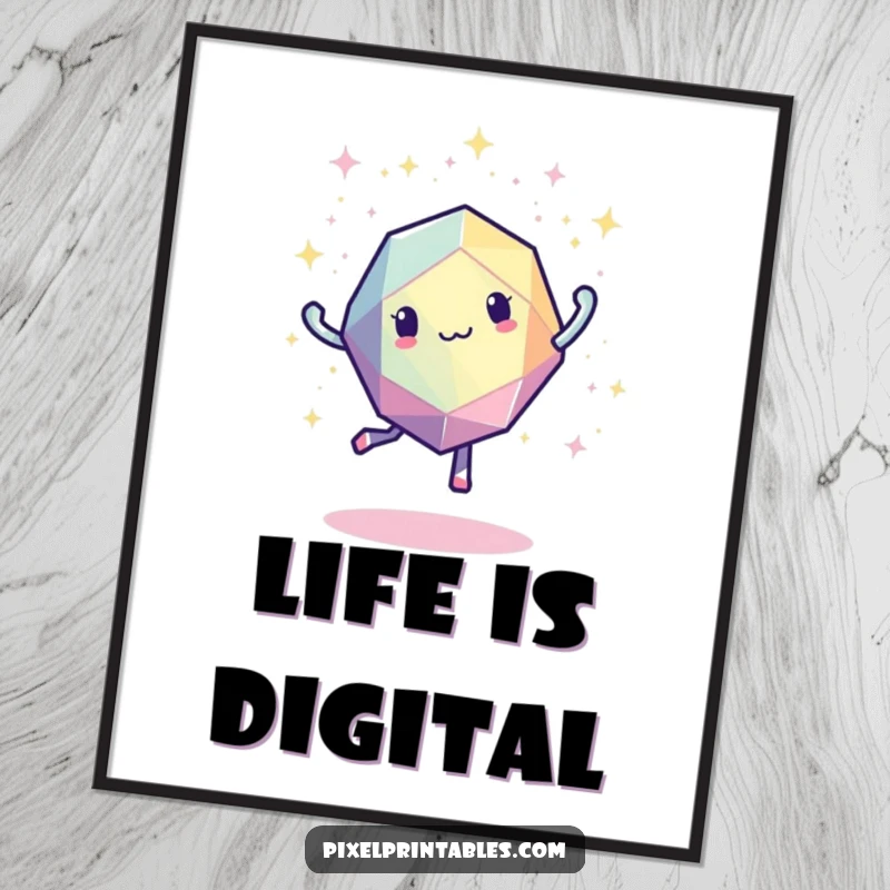 Funny pixelated geometric shape captured mid-dance with scattered pixelated sparkles, vibrant retro digital art poster.