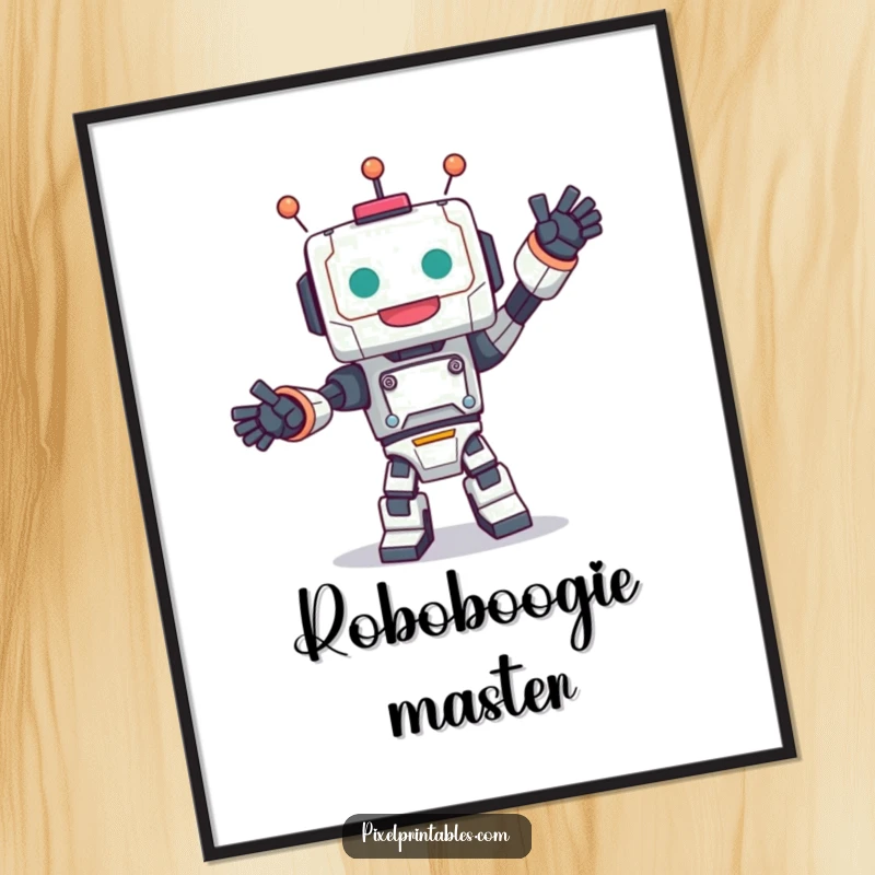 Funny poster print of a cute, blocky robot character performing a joyful dance, perfect for vibrant wall art.