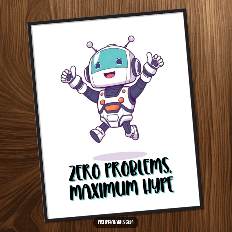 Funny robot jumping poster showing a cute character cheering excitedly, perfect for any room's decor.