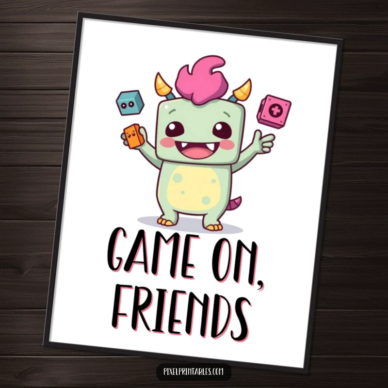 Funny poster of a giggling, blocky monster juggling pixelated objects with a joyful, retro gaming feel.