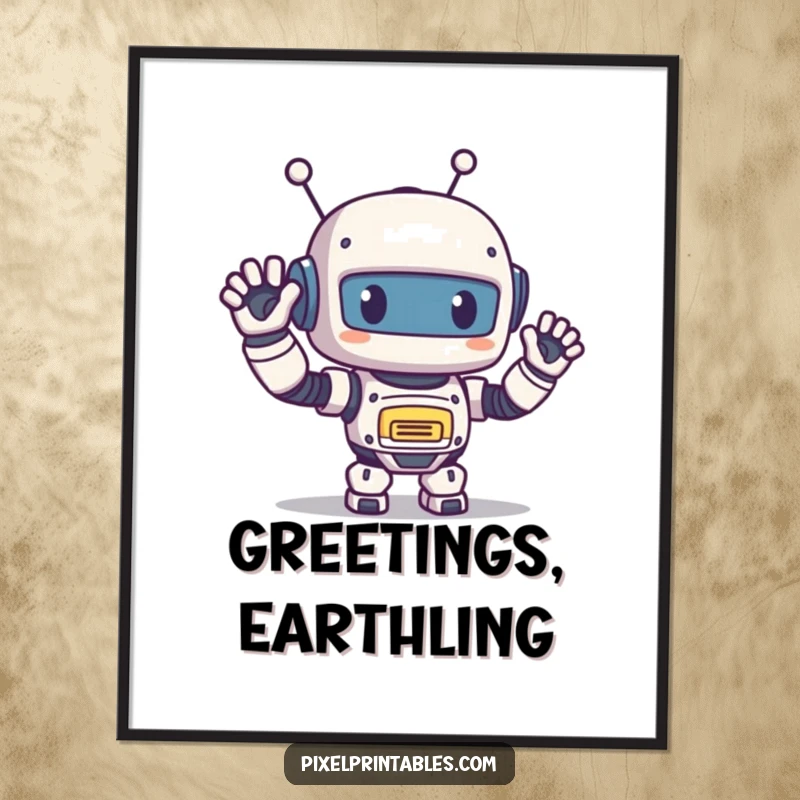 Funny Pixel Robot Poster: Adorable pixelated robot waving hello, retro pixel art wall decor, cheerful vibe.
