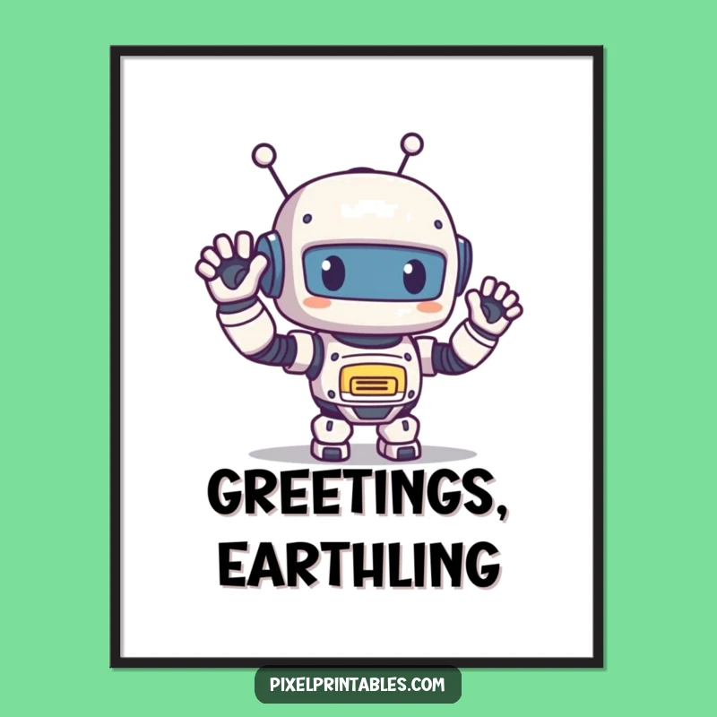 Funny Pixel Robot Poster: Happy Wave Greeting, Retro Pixel Art Decor