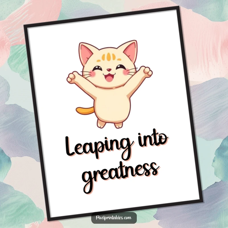 Funny Pixel Cat Poster featuring a smiling, pixelated cat in a playful leap, adding dynamic energy and humor to any wall.