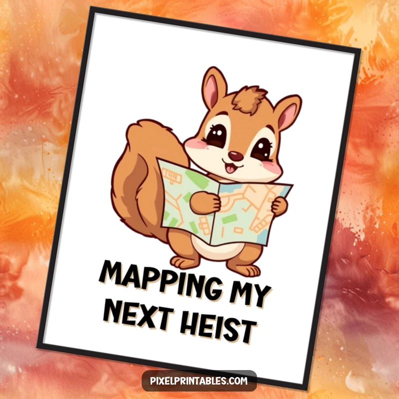 Funny squirrel holding a pixelated map, peeking out of a pixelated forest. Hilarious wall art and funny gift.