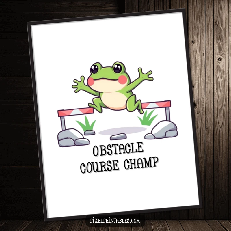 Funny pixelated frog poster illustrating a happy frog mid-leap over pixelated obstacles, bringing retro arcade excitement to decor.