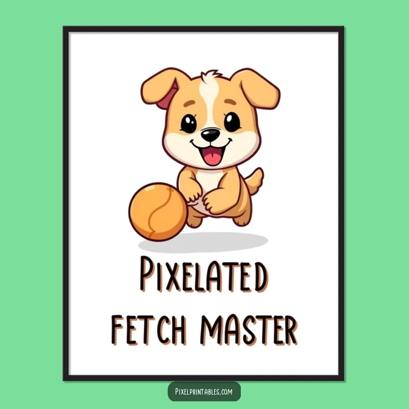 Funny Pixel Dog Ball Chase Poster - Cheerful Character Art
