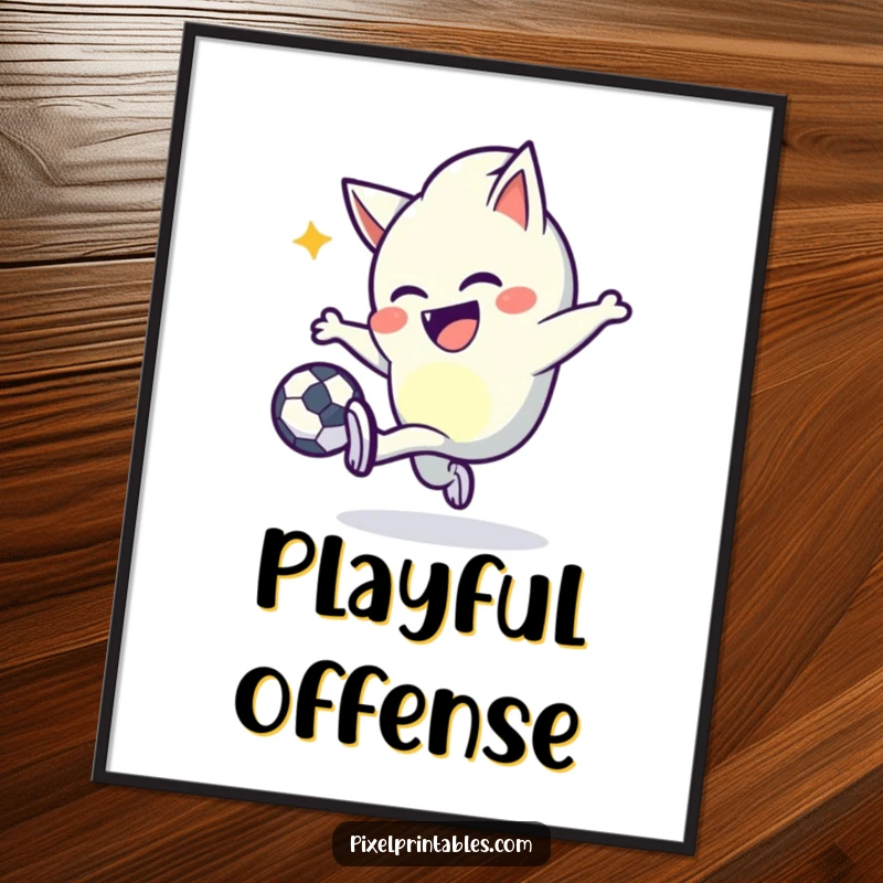 Funny pixel kicker poster print of a mischievous character with pointed pixels joyfully kicking a pixel ball, full of action.