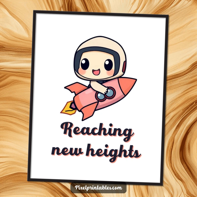 Funny poster showcasing a happy pixel character, formed by geometric shapes, riding a pixelated rocket through a colorful, starry sky.