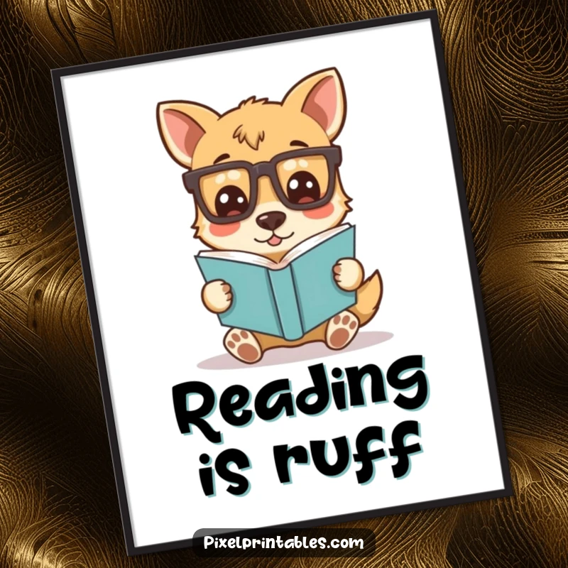 Funny poster depicting a silly dog character wearing pixelated glasses and absorbed in reading, bringing intellectual charm and humorous decor.
