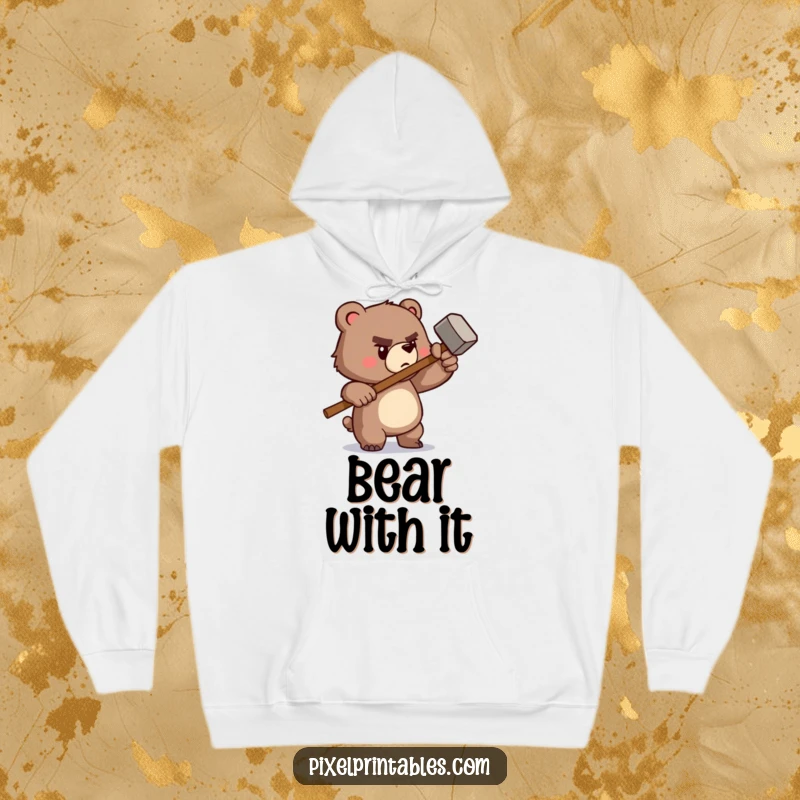 Funny hoodie featuring a determined pixelated bear wielding a tiny pixelated hammer, offering retro comfort and a can-do attitude.