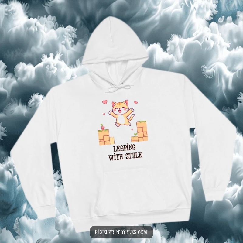 Funny hoodie featuring a cheerful cat leaping between pixelated platforms, offering warmth and retro gaming charm.