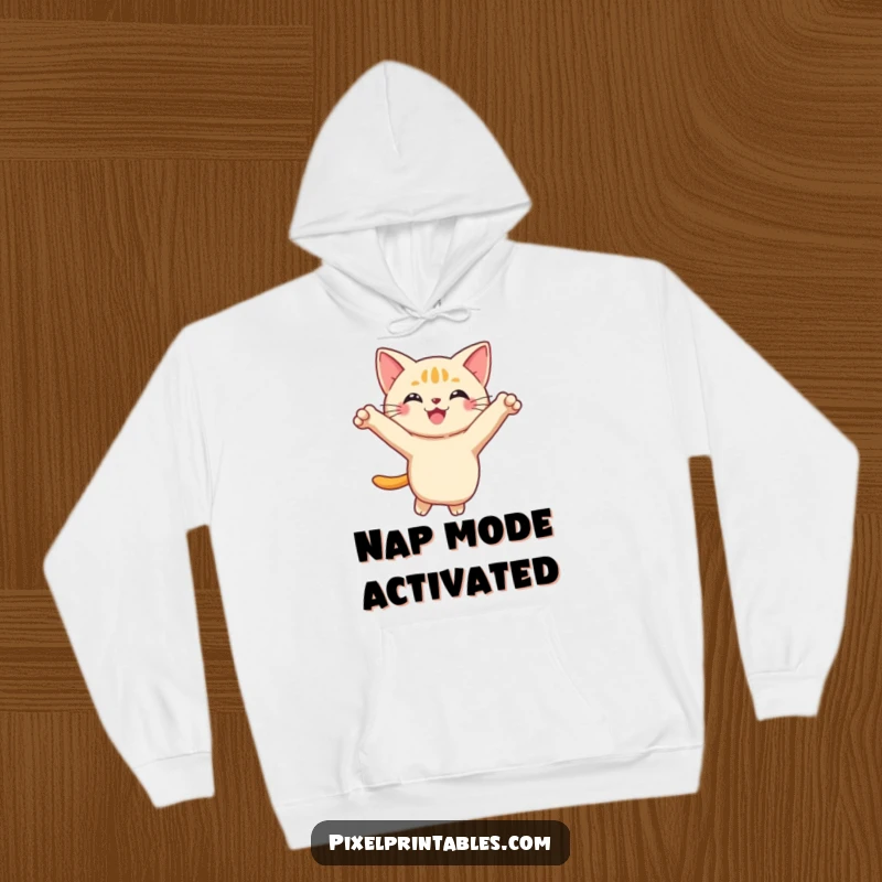 Funny Pixel Cat Hoodie featuring a smiling, pixelated cat in a playful leap, offering warmth and feline fun.