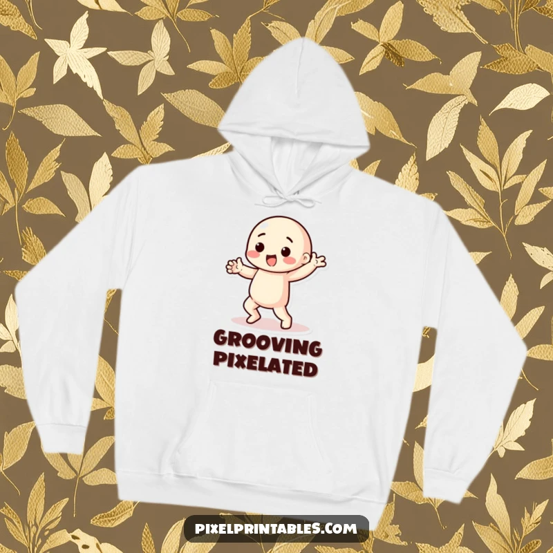 Funny pixel dancer hoodie with a playful character with chunky limbs performing a pixelated dance, offering cozy warmth.