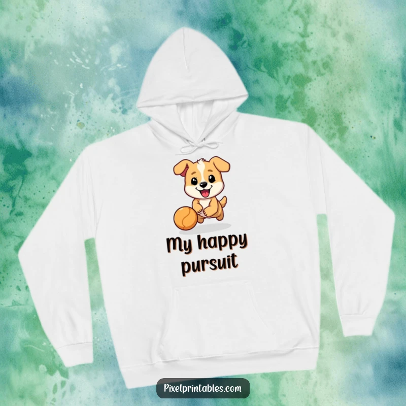 Funny hoodie with a cheerful, pixelated dog character chasing a bouncing ball, offering warmth and playful charm.