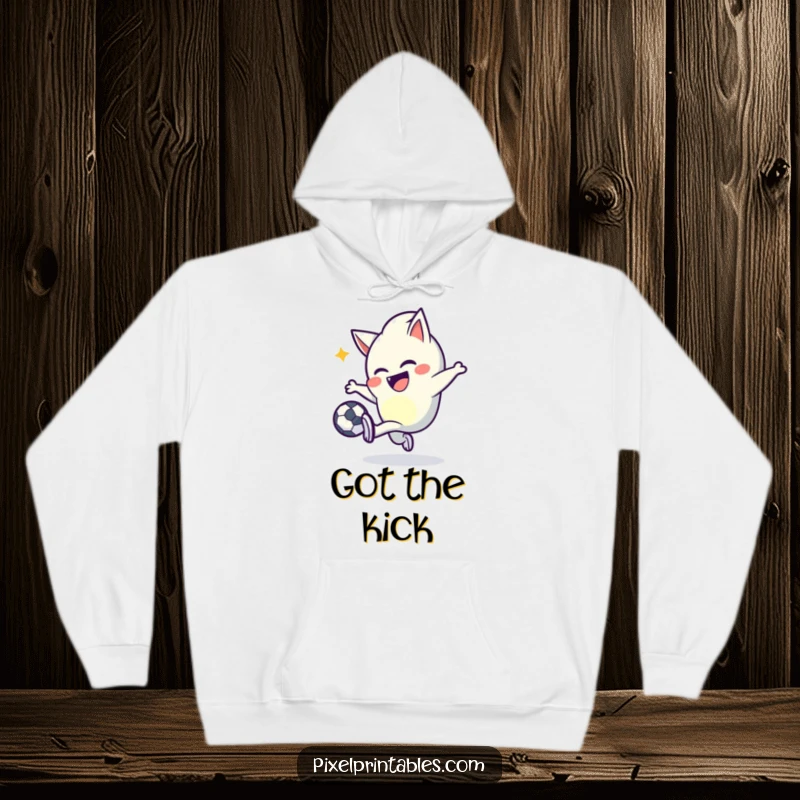 Funny pixel kicker hoodie with a mischievous character with pointed pixels joyfully kicking a pixel ball, perfect for warmth.