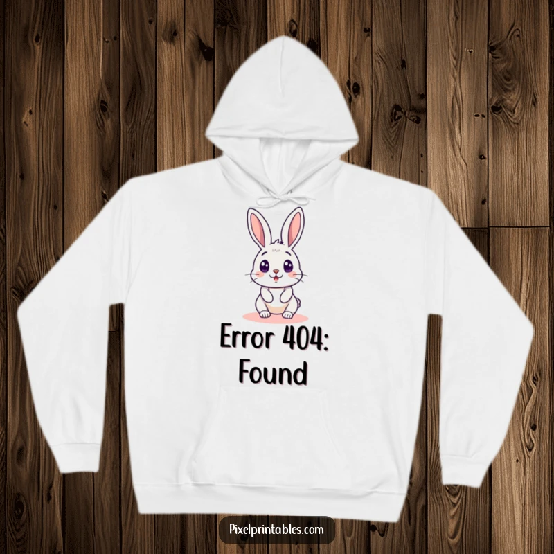 Funny pixelated rabbit peeking around a pixelated corner from a cozy hoodie, offering a retro gaming surprise and warm comfort.