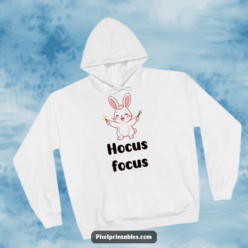 Funny hoodie featuring a happy rabbit casting pixelated magic with a wand, offering cozy enchantment for everyday wear.