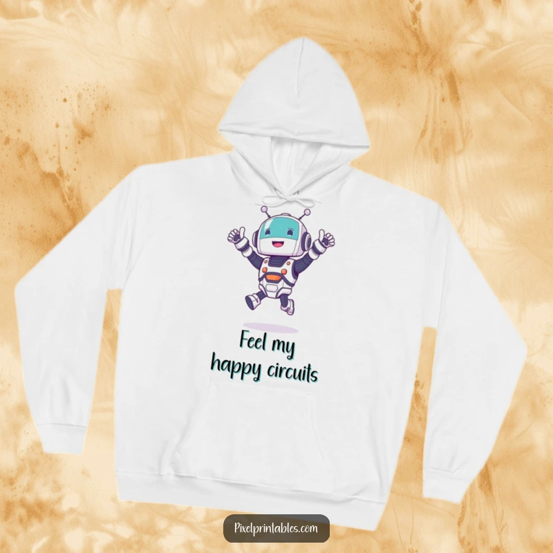 Funny robot hoodie with a cute character jumping and cheering, offering warmth and playful energy.