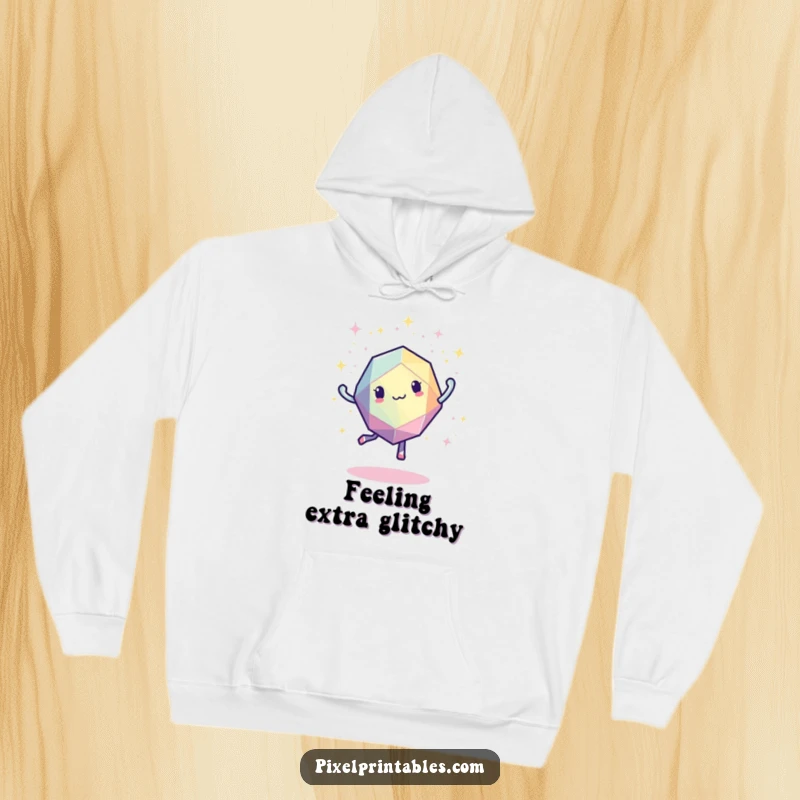Funny pixelated geometric shape dancing energetically with glowing sparkles, comfortable retro hoodie design.
