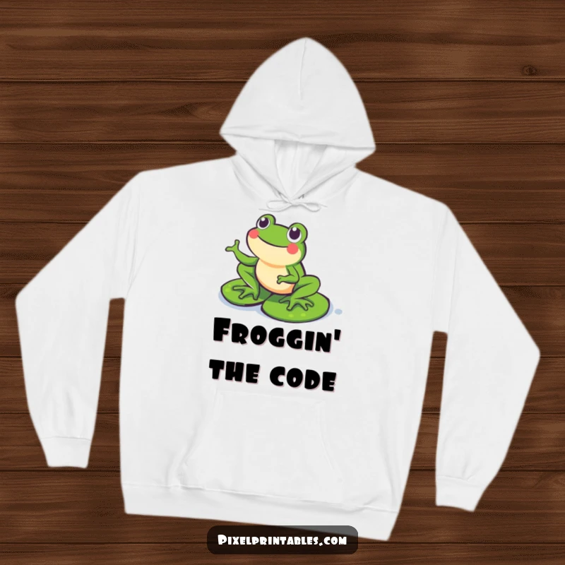 Funny Pixel Frog Hoodie: A happy pixelated frog hopping on pixel lily pads, offering cozy comfort and retro gamer vibes.