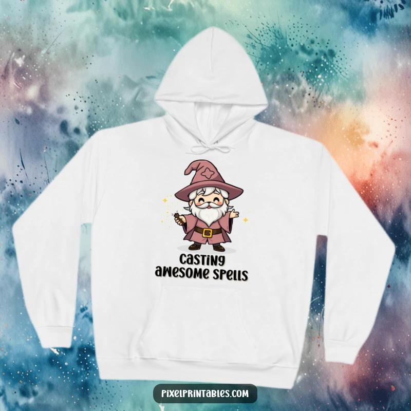Funny blocky wizard character casting a sparkly spell, cozy hoodie design, retro fantasy style.