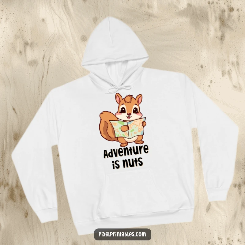 Funny squirrel adventurer with a pixelated map, perfect for cozy exploration. Excellent funny gift for gamers and hikers.