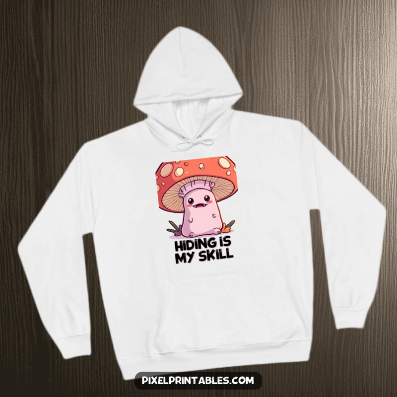 Funny Kawaii Monster Hoodie, an adorable monster hiding behind a pixelated mushroom, warm and huggable.