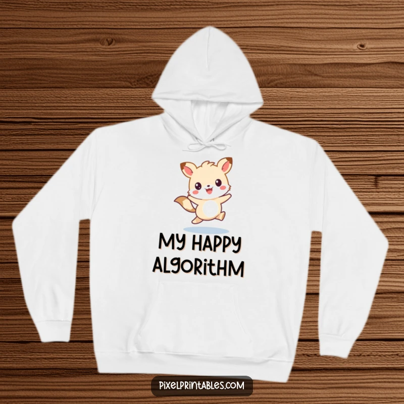 Funny, cozy hoodie featuring a cute pixelated animal character skipping with joy, perfect for warm, adorable vibes.