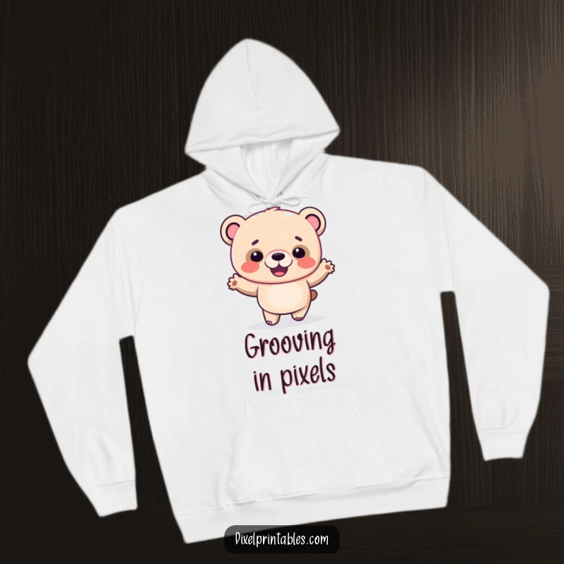 Funny pixel bear hoodie featuring a giggling pixelated bear doing a silly dance, perfect for cozy fun.
