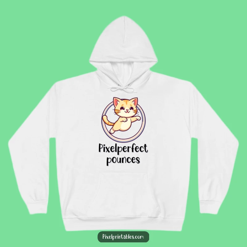 Funny Pixel Cat Hoodie: Leaping Hoop Comfort, Retro Gaming Humor Gift!