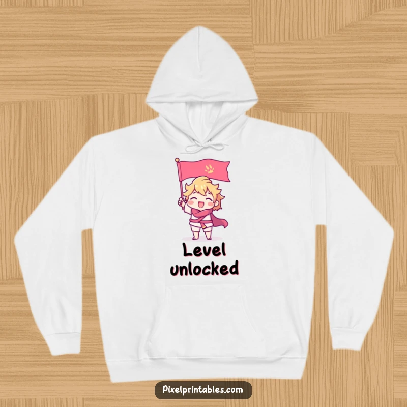 Funny Hoodie depicting a triumphant pixel character with sharp edges raising a pixel flag, perfect for cozy gaming sessions.