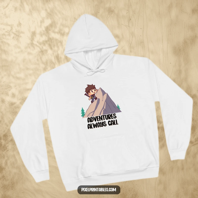 Funny hoodie depicting a blocky pixel adventurer character determinedly climbing a pixel mountain, perfect for a cozy, funny, and adventurous look.