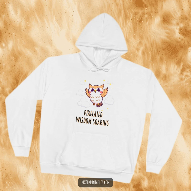 Funny pixel owl hoodie featuring a joyous pixelated owl flying through pixel clouds, perfect for cozy nostalgic adventures.