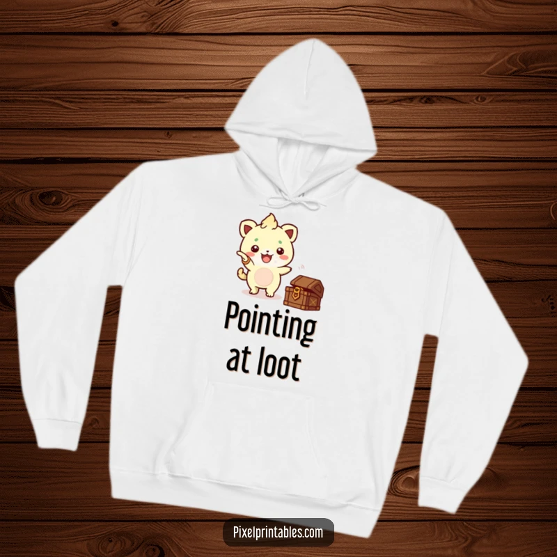 Funny Pixel Creature Treasure Hoodie, a cute pixelated creature enthusiastically pointing towards a treasure chest, for cozy adventures.