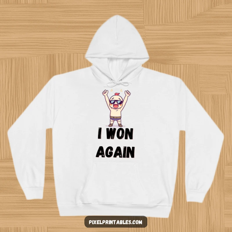 Funny Pixel Art Victory Hoodie, a cozy pixelated character striking a triumphant pose ready for gaming marathons.
