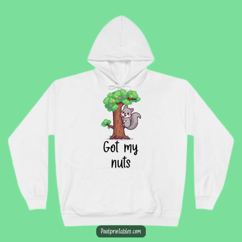 Funny Pixel Squirrel Hoodie: Cozy Cheerful Climb, Warm Gamer Style