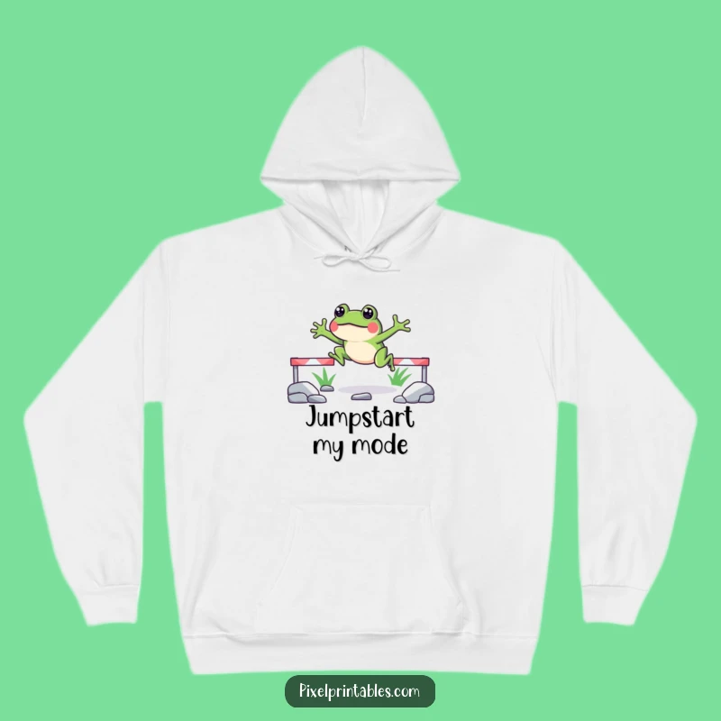 Cozy Funny Pixelated Frog Jump Hoodie for Warmth and Retro Gaming Vibes