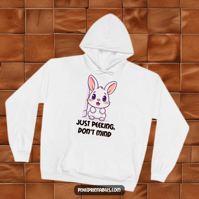 Funny pixelated rabbit peeking around a corner, surprised gamer, retro pixel art hoodie, warm and cozy apparel.