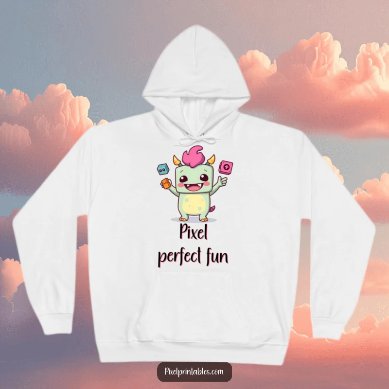 Funny hoodie featuring a giggling, blocky monster juggling pixelated items, perfect for game nights.