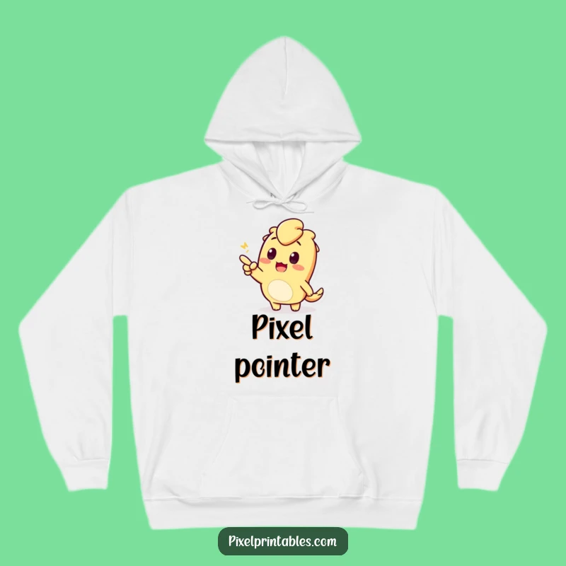 Stay warm and curious with this funny hoodie. The pixelated character pointing excitedly adds a touch of intrigue and comfort to your day. Perfect for casual wear.