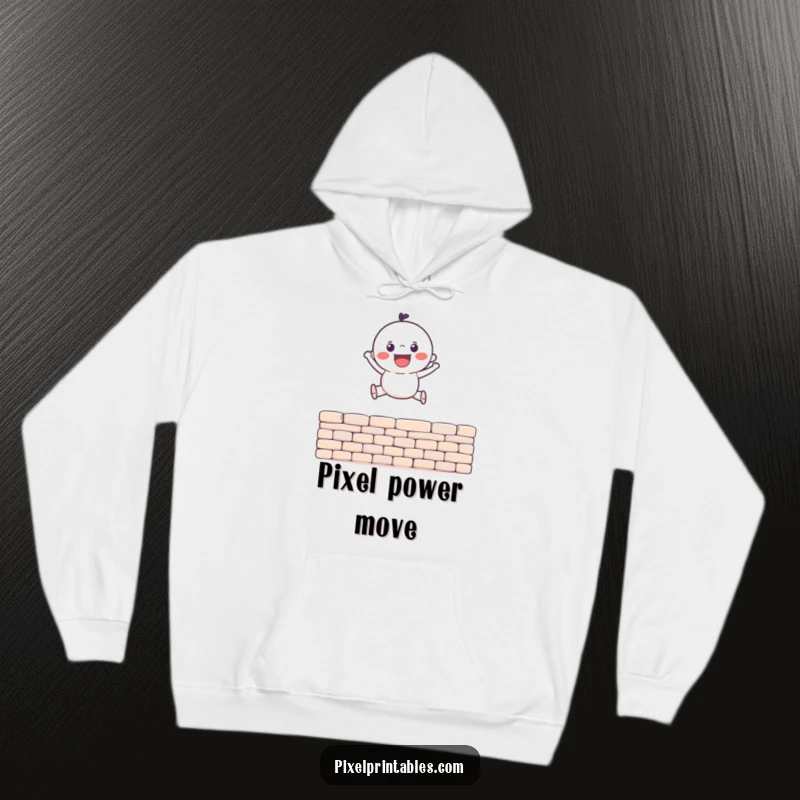 Funny Hoodie depicting a gleeful pixel character leaping over a pixel wall, offering warmth and a humorous retro gaming gift.