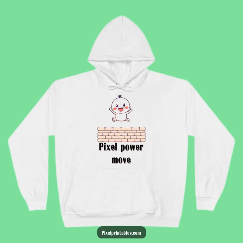 Funny Pixel Jump Hoodie: Gleeful Character, Cozy Retro Humor Gift